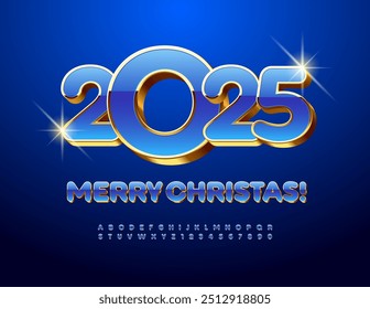 Vector modern Greeting Card Merry Christmas 2025! Glossy elite Font. Luxury 3D Alphabet Letters and Numbers set.