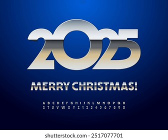 Vector modern Greeting Card Merry Christmas 2025! Trendy Metallic Font. Glossy Silver Alphabet Letters and Numbers set.