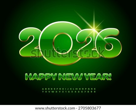 Vector Modern Greeting Gard Happy New Year 2026! Amazing Green and Golden Font. Chic Glossy Alphabet Letters and Numbers set