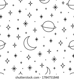 Vector modern hand drawn vector seamless pattern of planets, moon, stars. Universe line drawings background. Trendy space signs in linear style