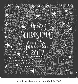 Vector modern handwritten lettering for holiday decorations with cute illustrations. Trendy New Year design. Handdrawn design elements for Christmas cards and invitations. 