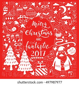 Vector modern handwritten lettering for holiday decorations with cute illustrations. Trendy New Year design. Hand drawn design elements for Christmas cards and invitations.