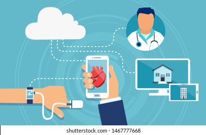 Vector of a modern health care devices tracking patient heart rate with smart bracelet and mobile phone