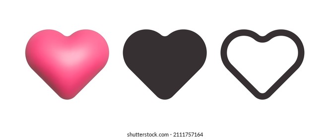 Vector Modern Heart Icon 3D Flat Outline Style Set Isolated On White Background. Rounded Hearts Shapes Graphic Symbol Of Love And Health. Like Icons In Different Styles. Valentines Day Decor