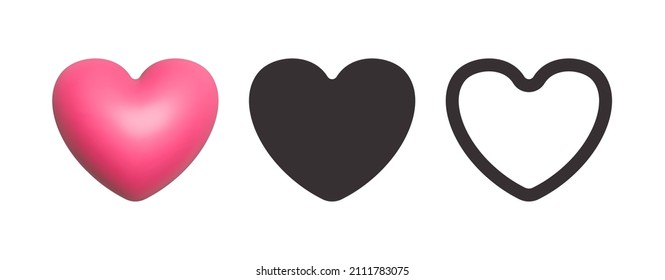Vector Modern Heart Icon 3D Flat Outline Style Set Isolated On White Background. Rounded Hearts Shapes Graphic Symbol Of Love And Health. Like Icons In Different Styles. Valentines Day Decor