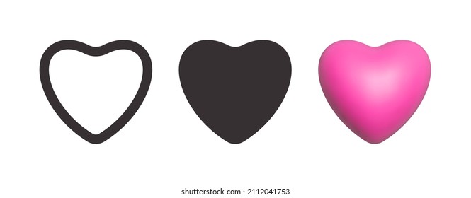 Icono Del Corazón Moderno Vector Estilo De Esquema Plano 3D Rosa Aislado En Fondo Blanco. Los Corazones Rodados Constituyen Un Símbolo Gráfico Del Amor Y La Salud. Como Iconos En Estilos Diferentes. Decoración del Día de San Valentín