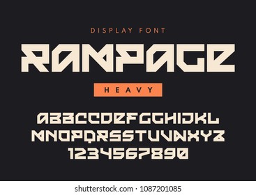 Vector modern heavy display font named Rampage, blocky typeface, futuristic uppercase letters and numbers, alphabet. Global swatches.