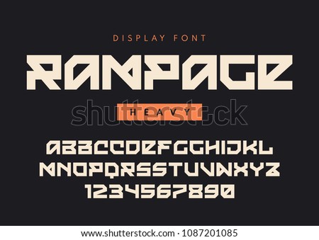 Vector modern heavy display font named Rampage, blocky typeface, futuristic uppercase letters and numbers, alphabet. Global swatches.