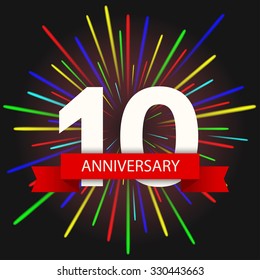 Vector modern holiday 10  anniversary invitation card. Creative fireworks background