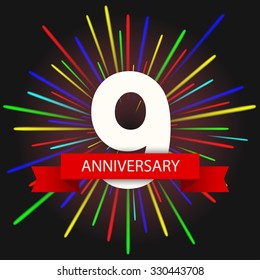 Vector modern holiday 9  anniversary invitation card. Creative fireworks background