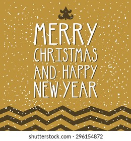 Vector modern holiday card with beautiful type. Golden winter background with stripes, christmas tree, snow and text "Merry Christmas and happy New Year"