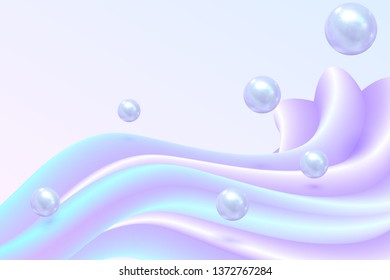Vector modern holographic abstract background with wavy 3d nacreous shape and jumping pearls.