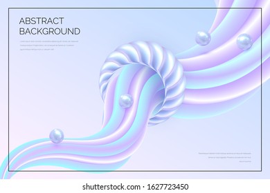 Vector modern holographic abstract background with 3d nacre shapes and rolling pearls. Pastel pink and blue flowing backdrop. Black text.