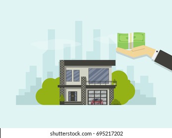Vector modern home and human hand holding money with city and sky background,buy house concept.