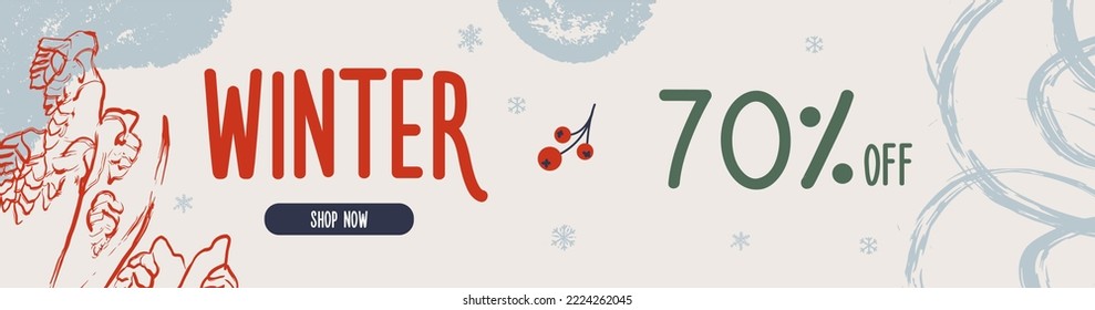 Vector modern horizontal hand drawn Christmas sale banner with various seasonal abstract elements.