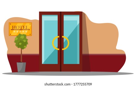 Vector modern hotel building facade exterior. Closed glass door entrance with lettering signboard on wall and decorative green tree in pot. Public city accommodation for tourist, business traveler