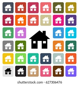 Vector modern House flat design icon set in button.