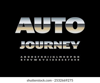 Vector modern icon Auto Journey. Reflective Silver Font. Unique Alphabet Letters and Numbers set.