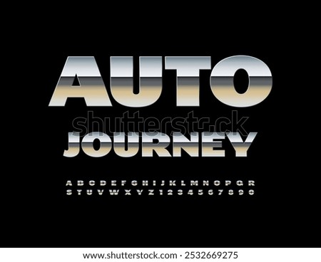 Vector modern icon Auto Journey. Reflective Silver Font. Unique Alphabet Letters and Numbers set.
