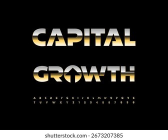 Vector Modern icon Capital Growth with decorative Arrow. Reflective Gold Font. Elite Cool Alphabet Letters and Numbers set.