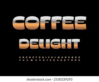 Vector modern icon Coffee Delight. Stylish Gold Font. Elite set of Trendy Alphabet Letters and Numbers.