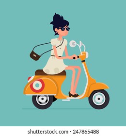 Vector icono moderno de personaje hipster joven montando moto rápida retro usando lentes de sol, aislado| Estilo de vida urbano moderno ilustración abstracta de la mujer dinámica