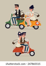 Vector modern icon on hipster young man and woman couple characters riding fast retro scooter wearing sun glasses, isolated | Urban modern lifestyle abstract illustration of dynamic young people