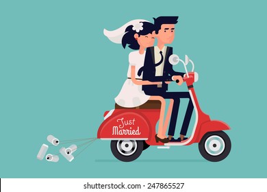 Vector modern icon on hipster young bride and groom couple characters happily riding fast red retro scooter with cans tied, isolated | Just married abstract wedding illustration on honeymoon 