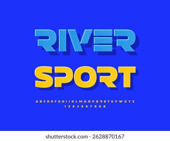 Vector Modern icon River Sport. Unique Yellow Sticker style Font. Cool Uppercase Alphabet Letters and Numbers set.