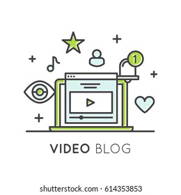 Vector Modern Icon Style Illustration of Video Blogging or Vlogging Online Channel with Followers and Exclusive Content