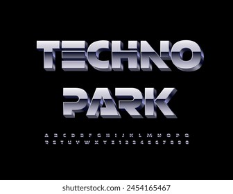 Vector moderno icono Techno Park con fuente cromada 3D. Conjunto de letras y números de alfabeto.