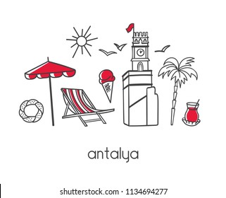Vector modern illustration Antalya (Turkey) with hand drawn doodle turkish symbols. The clock tower, palm tree, tea, beach elements. Simple minimalistic style with black outline and red elements.