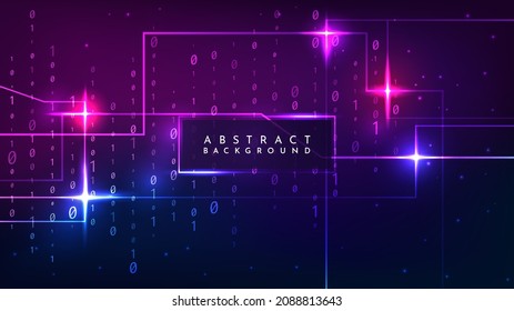 Vector modern illustration. Binary code. Luminous dynamic geometric background. Cyber tech. Light flares effect. Glowing streaks on dark background. Element for web banner, website template, wallpaper
