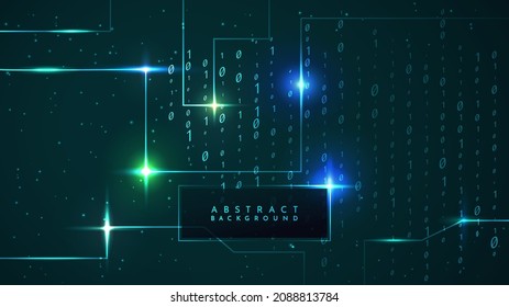 Vector modern illustration. Binary code. Luminous dynamic geometric background. Cyber tech. Light flares effect. Glowing streaks on dark background. Element for web banner, website template, wallpaper