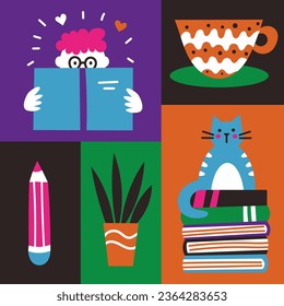 Vector modern illustration. Book club poster with cute cartoon design elements. 