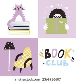 Vector modern illustration. Book club poster with cute cartoon design elements in pastel colors. 
