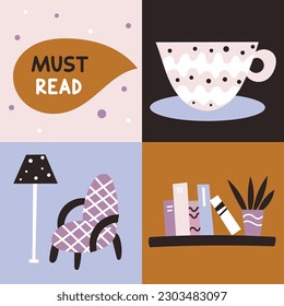 Vector modern illustration. Book lover poster with doodle lettering and cute design elements. 