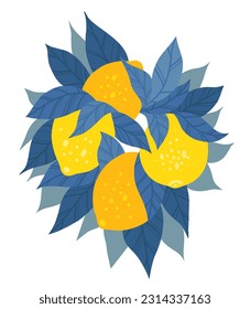 Vector modern illustration of bunch of lemons isolated on white background. Picture of citrus fruits with foliage. Fruit clipart for menus, postcards, stickers and your design