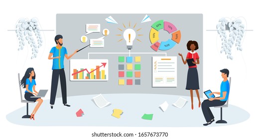 Vector modern illustration of business training. Team brainstorming the idea. Workshop event. Startup new business project. Market statistics analysis, employee studying company growth analytics. 