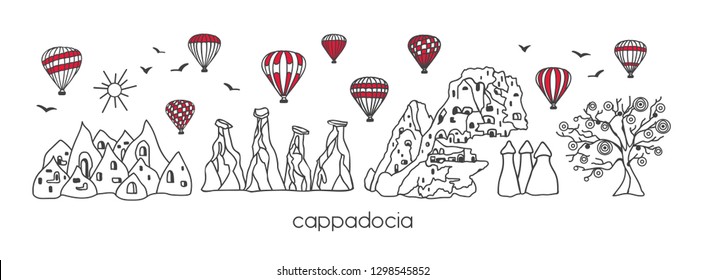 Vector modern illustration Cappadocia with hand drawn doodle turkish symbols. Horizontal panoramic scene for banner or print design. Simple minimalistic style with black outline and red elements.