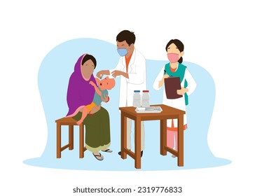 Vector modern illustration of Children are receiving Vitamin A plus supplements. Vitamins for Kids. cute child visit doctor . nurses, Healthcare, medical treatment, prevention and immunize. bangladesh