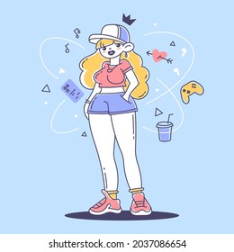 Vector Modern Illustration of Cool Girl in Cap with Smart Phone, Wireless Headphones, Gamepad, Crown on Color Background