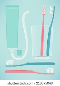 Vector modern illustration of dental care items: toothbrushes and toothpaste | Pair of toothbrushes in a glass, toothbrushes with toothpaste, ready to use, opened toothpaste tube