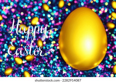 Vector modern illustration, golden easter egg on bright shiny glitter background. Festive greeting banner with decorative text Happy Easter
