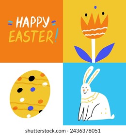 Vector modern illustration. Happy Easter poster with doodle lettering and cute bunny, flower and easter egg. 