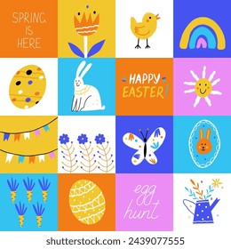 Vector modern illustration. Happy Easter poster with doodle lettering, cute bunny and easter egg in squares. 