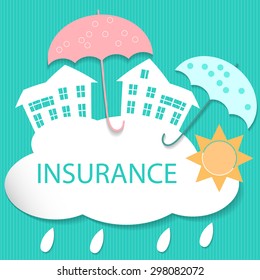 Vector modern illustration of house insurance and protection with umbrellas and small house icons on cloud