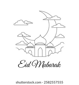 Vector modern illustration of an Islamic mosque with domes, arches and clouds and phrase Eid Mubarak; suitable for greeting cards, posts and prints for Eid 