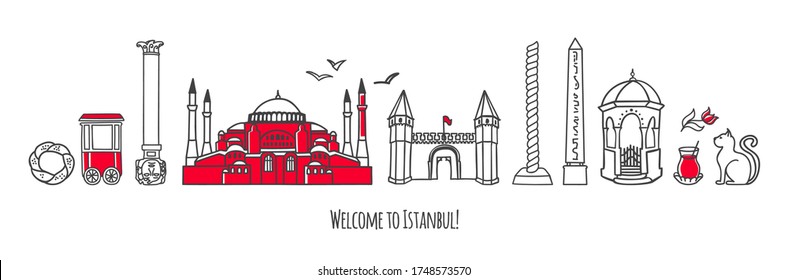 Vector modern illustration Istanbul, Turkey. Famous Turkish symbols and landmarks. Travel to Turkey conception. Horizontal panoramic scene for banner or print design. Welcome to Istanbul card.