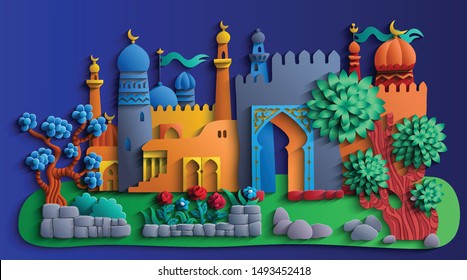 Vector modern illustration. Landscape with nature and a buildings. Trendy craft style color card design. 3d effect imitation  